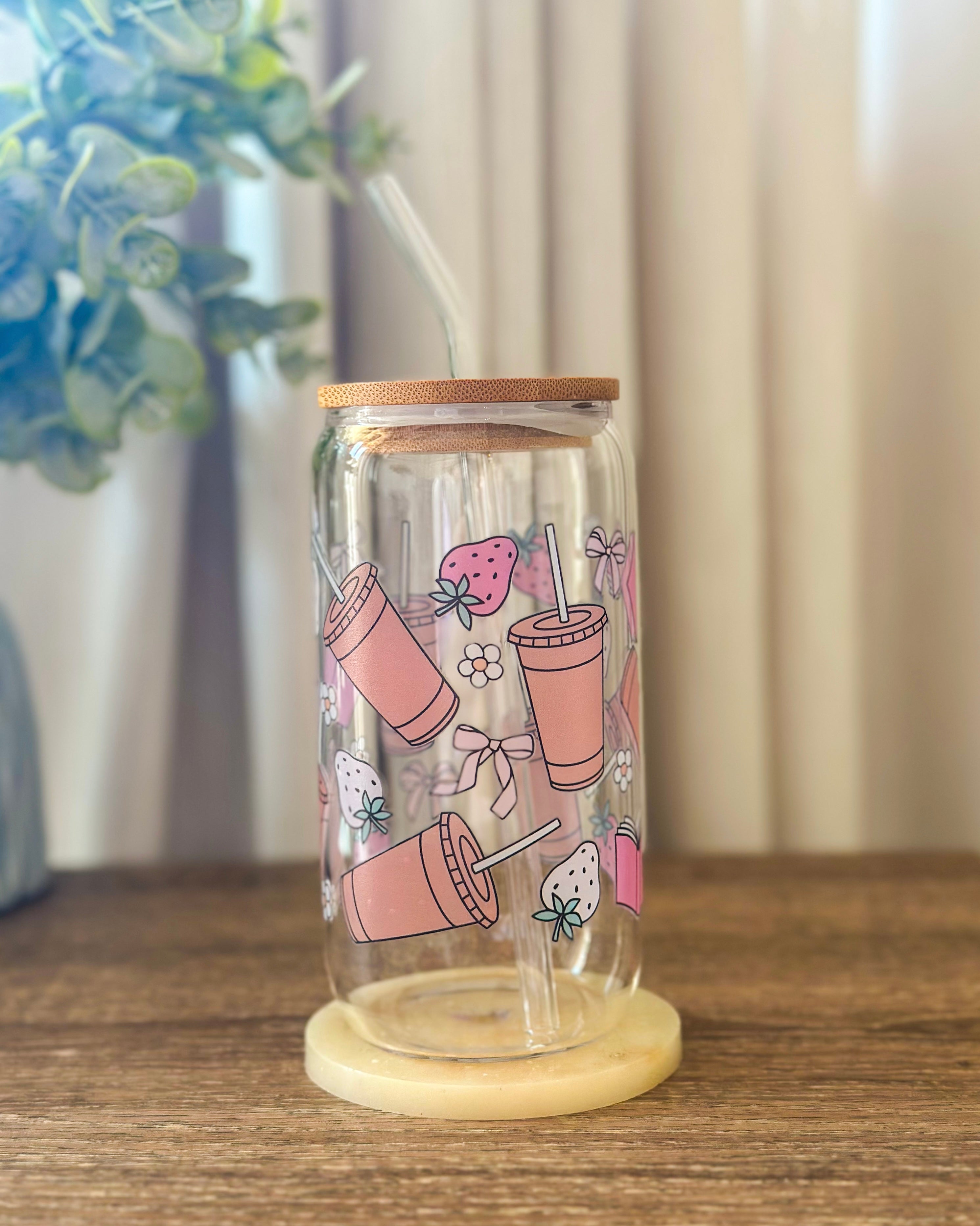 Strawberry Coffee Glass Cup With Straw