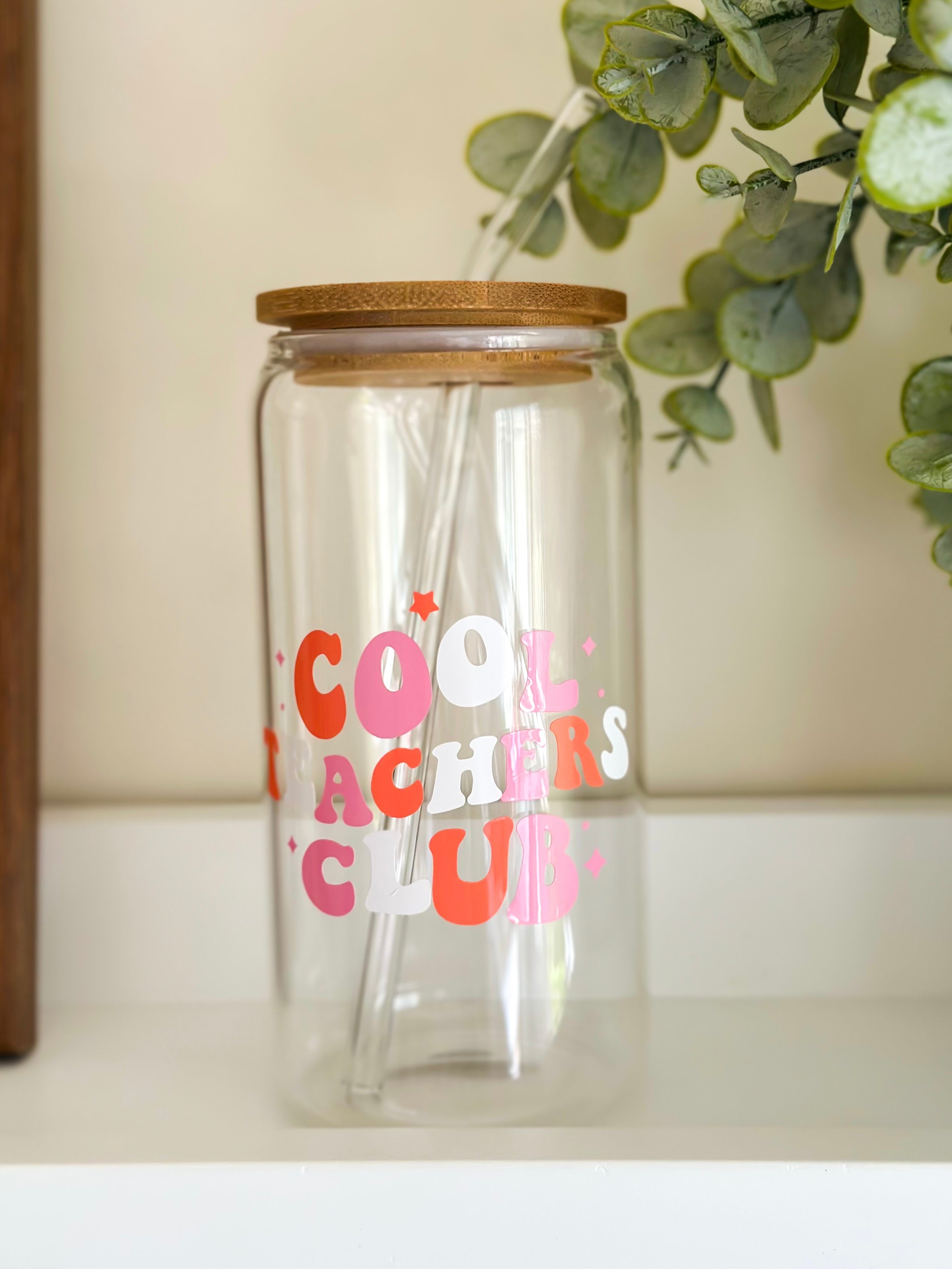 "Cool Teacher Club" Glass Cup With Straw