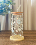 Blue Daisy Glass Cup With Straw
