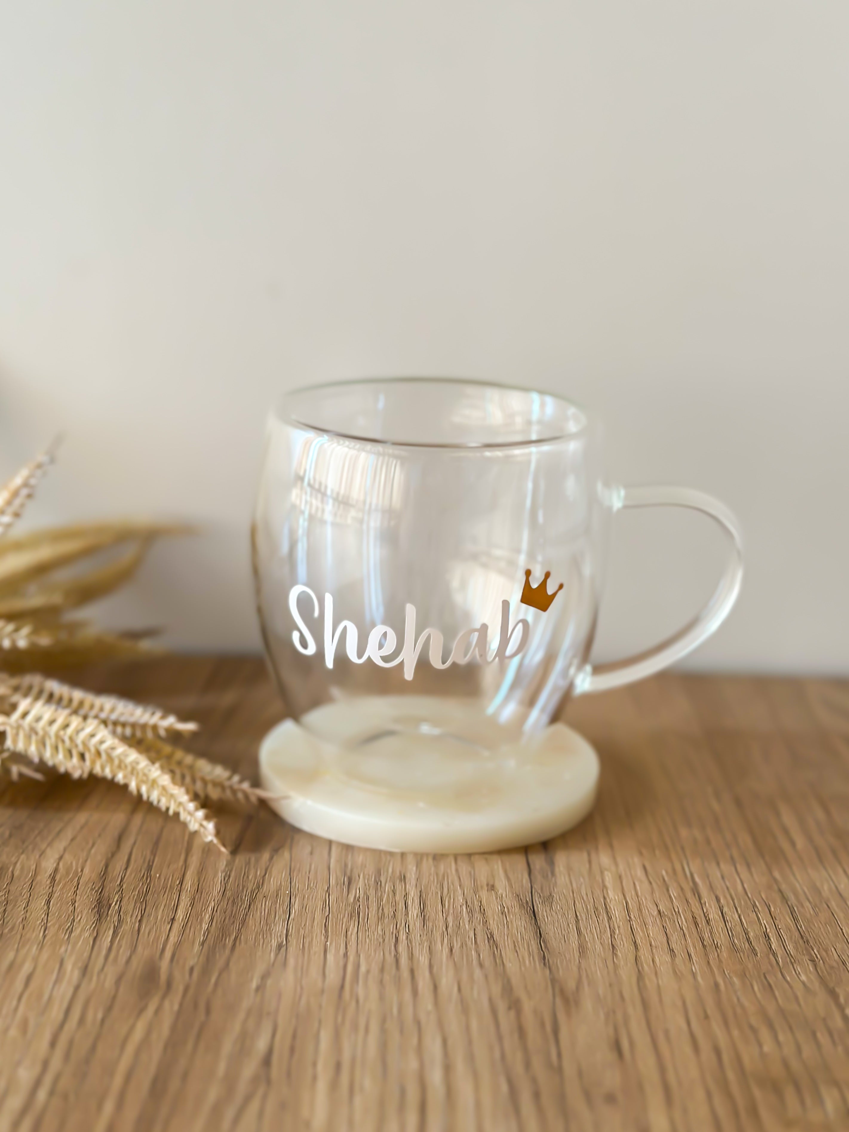 Custom Name & Crown Double Glass Cup