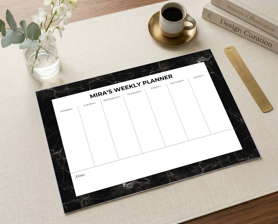 Custom Name Black Marble Weekly Desk Planner