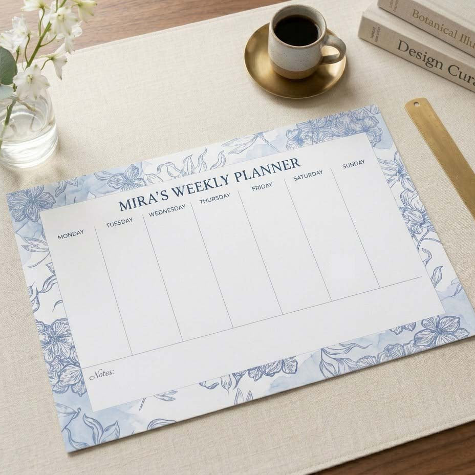 Custom Name Blue Floral Weekly Desk Planner